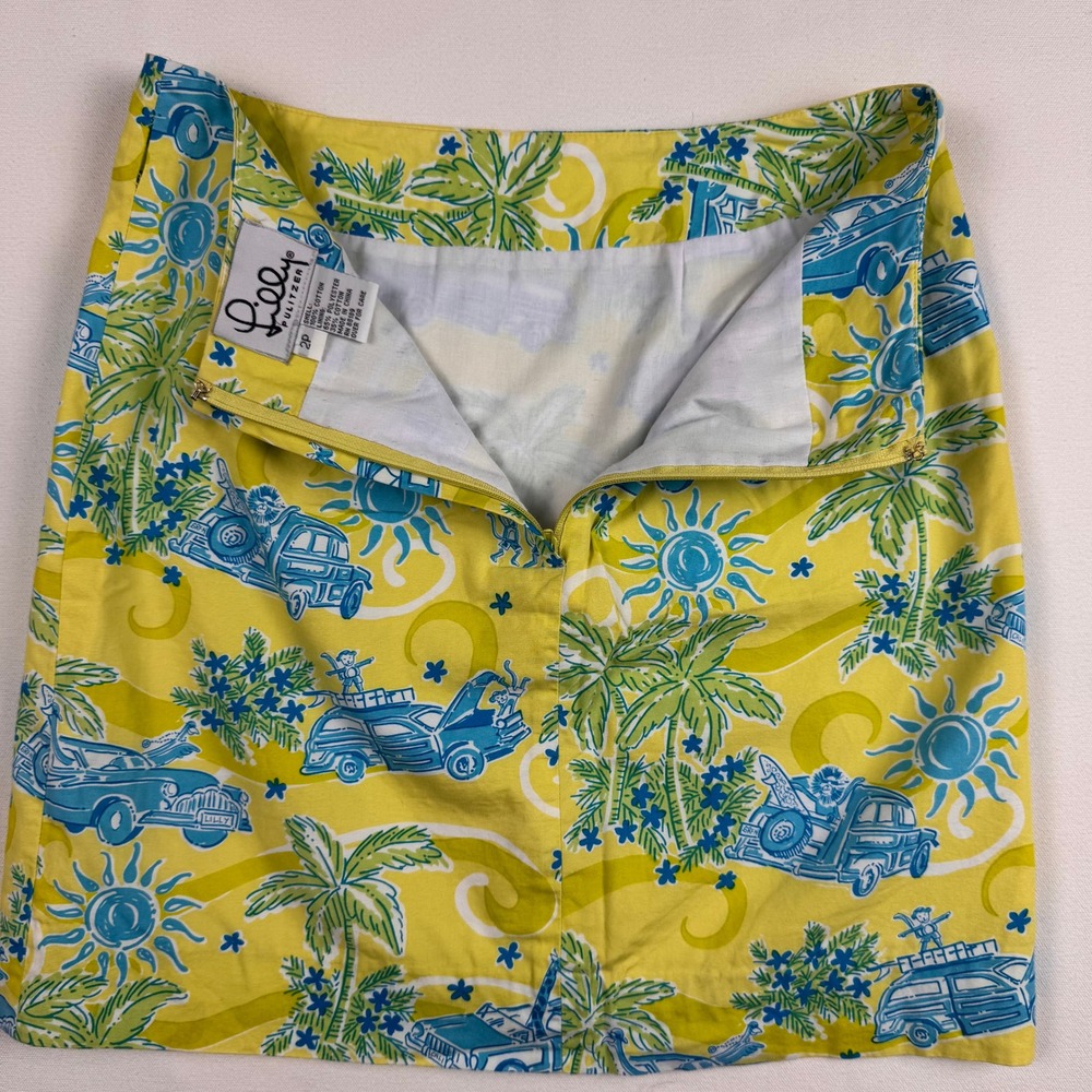 Lilly Pulitzer Mini Skirt Women 2P Yellow Blue Crusin Print A-Line Tropical - Picture 8 of 9